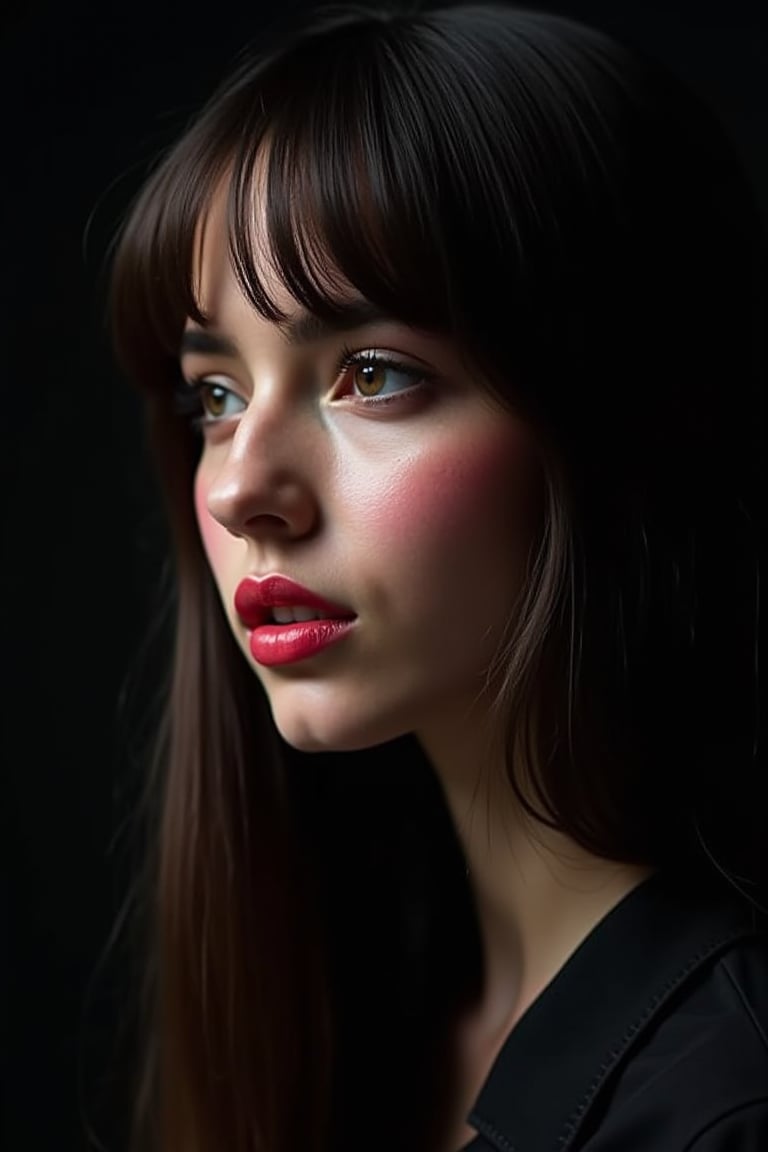 




pretty woman, graphics interesting creative effect, black dark color theme, light skin, red cheeks, , pink lips, glossy shiny reflective lips, long straight hair, looking aside