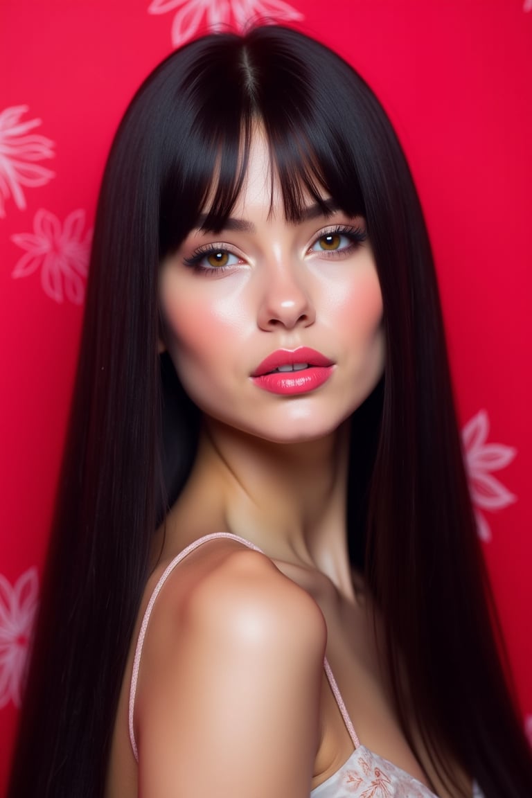 




pretty woman, sleek straight hair, abstract red pink background, glossy makeup, glossy pink lips, white skin, long black hair, colorful eyes