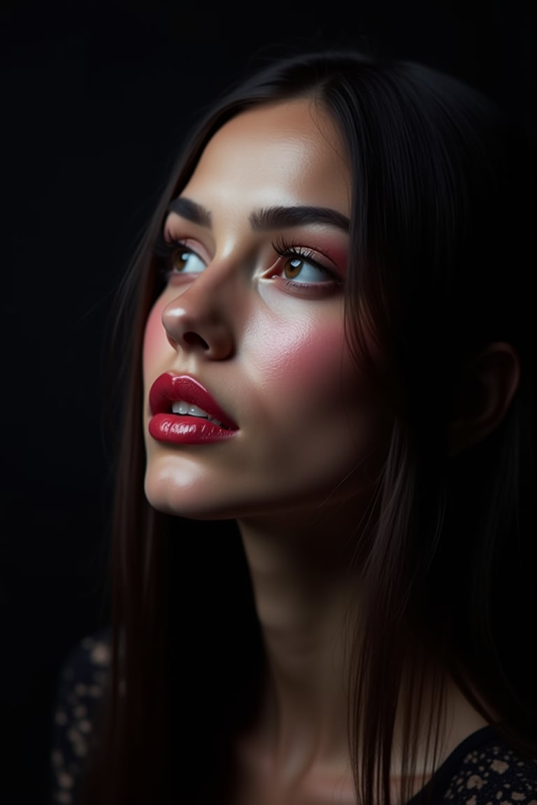 




pretty woman, graphics interesting creative effect, black dark color theme, light skin, red cheeks, , pink lips, glossy shiny reflective lips, long straight hair, looking aside