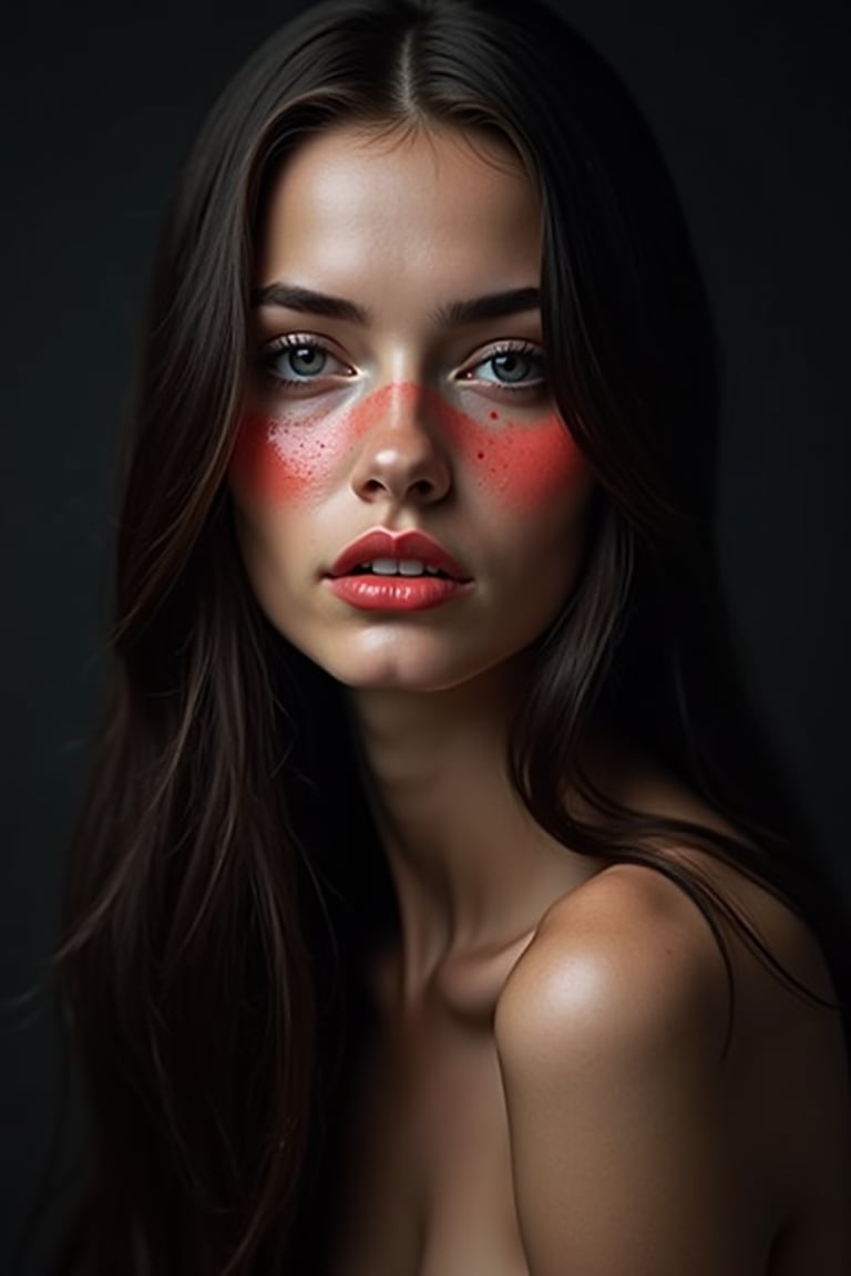 




pretty woman, graphics interesting creative effect, black dark theme, light skin, red cheeks, , pink lips, long straight hair