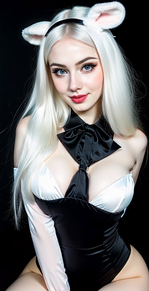 woman, blue eyes, straight long middle parted hairstyle, sliky black hair, super beauty marks, pale white skin, best quality, clear texture, details, canon eos 80d photo, light makeup, (black background theme: 1.1), (pale white skin:1.1), big huge boobs, professional coloring photo, smile, cute, bunnygirl costume formal suit