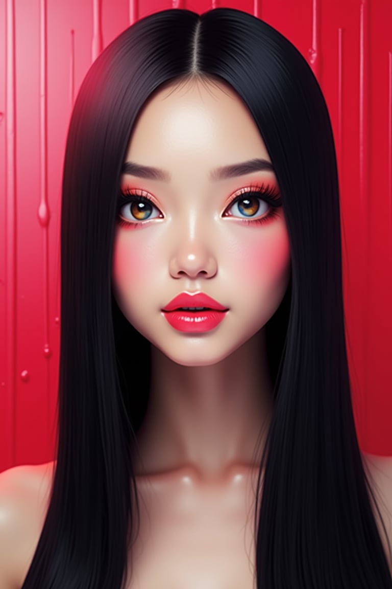 




pretty woman, sleek straight hair, abstract red pink background, glossy makeup, glossy pink lips, white skin, long black hair, colorful eyes