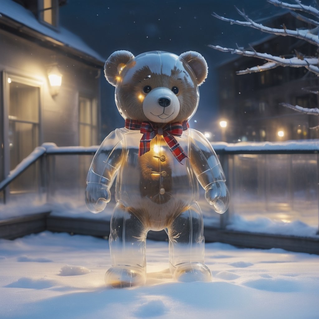 a photo of transparent teddy bear at snowy night