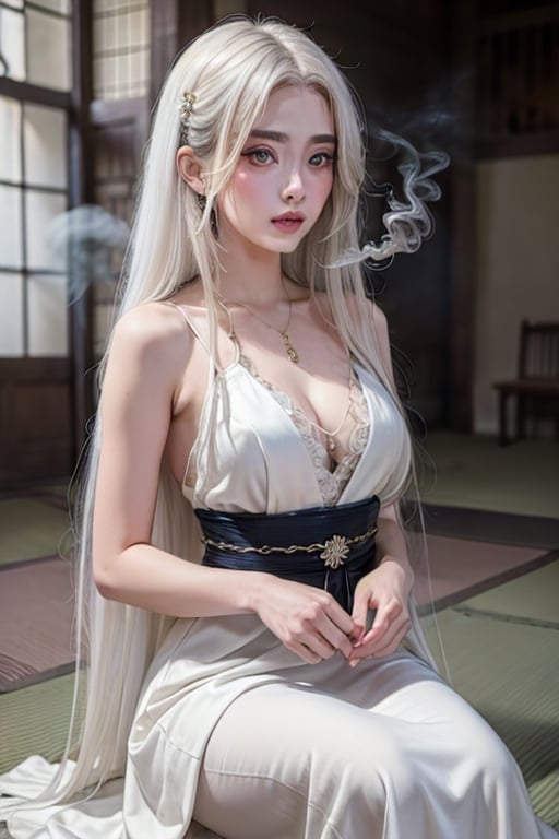 
Masterpiece, Japanese princess, extremely beautiful, 8k ((long white hair)) in an old castle, hyper realistic, sad eyes, realistic lips, long dress, high quality image, chains in her hands very realistic, smoke coming out around her high quality, white and clean skin, 8k, high resolution, princess of Japan