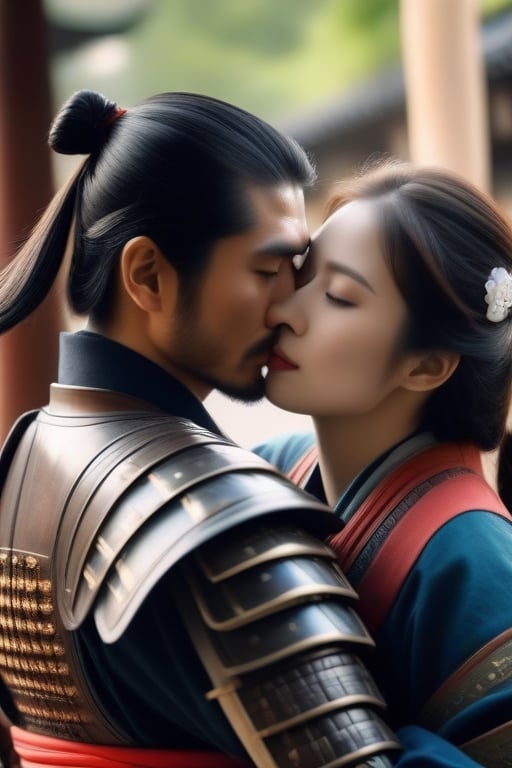 samurai warrior hugging a woman passionately, samurai kissing a girl, high resolution, realistic, hyperrealistic, realistic photo, high quality, the samurai must have armor, the girl must be in his arms, beautiful image, perfect photo without errors, 8k, full hd