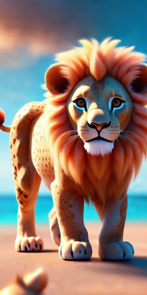 high quality 3 d render hyperrealist very cute multipastel dotted fluffy!  lion hybrid with detailed fluffy wings!!, vray smooth, in the style of fantasy, hannah yata charlie immer, dramatic orange light, low angle, uhd 8 k, sharp focus , —ar 2:3, beach background