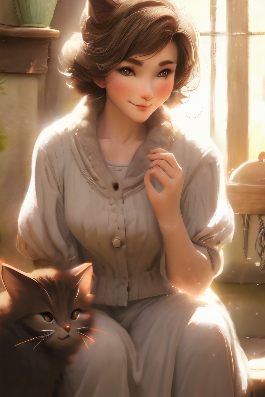 realistic, older woman, brown hair, brown eyes, house_cat, high_resolution, masterpiece, best quality ,Xxmix_Catecat