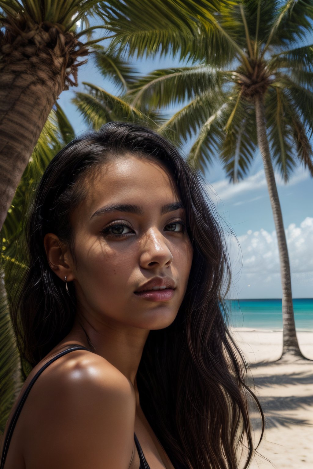 beautiful black woman portrait outdoor with shade, higest quality, beach background with palm trees