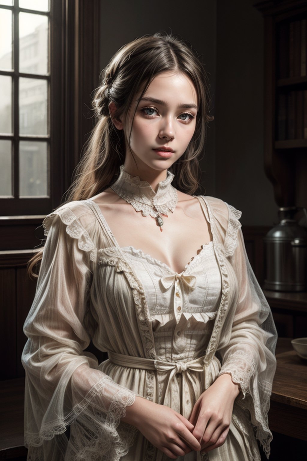 (8K, RAW shot, Highest Quality, masutepiece), High definition RAW color professional photos, (Realistic, Photorealism:1.37), (Highest Quality), (Highest shadow), (The best illustrations), (reality: 1.2), (intricate-detail), 1 Woman in Edwardian clothes、23years old、Ecstatic look、Slimed、tiny chest、Mystical Beautiful Girl,without background, hiquality, high détails, conceptual art, 真实感, godrays, Cinematographic lighting, HD fine, 16K resolution, Full body portrait, full body Esbian,