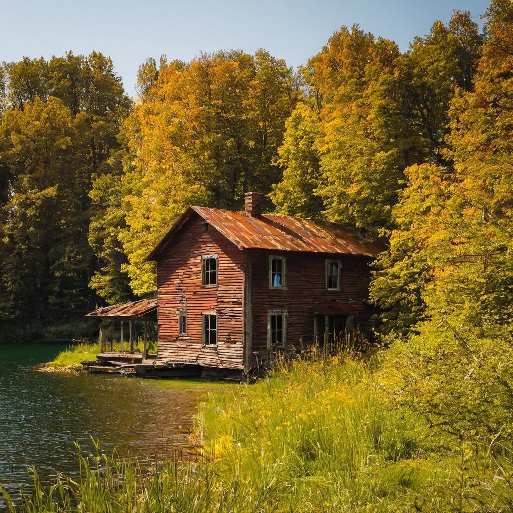 Old rusty house by the lake