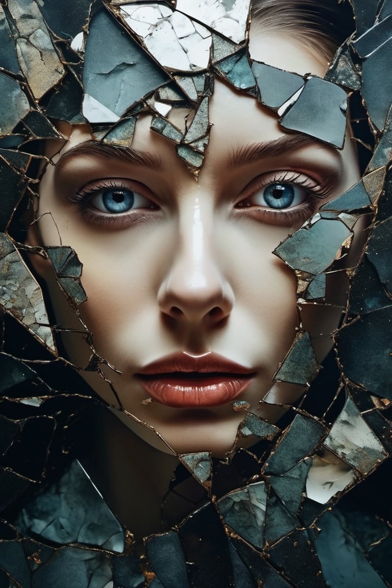 a close up of a painting of a woman's face with a broken face, cracked porcelain face, fragmented, abstract portrait, nicolas delort, surreal dark art, stefan gesell, shattered, dark schizophrenia portrait, inspired by Igor Morski, shattered abstractions, broken mirror, broken mirrors composition, shattered wall, 4 k symmetrical portrait, glass face, Detailedface, Detailedeyes