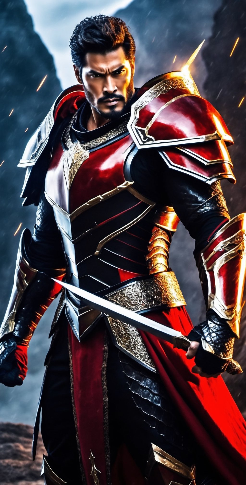 In a realm of fantasy, a man adorned in electrifying red and black armor stands resolute. His armor crackles with contained lightning, imbuing him with an aura of power. In his grasp, he wields a sword that seems forged from lightning itself, its blade a mesmerizing dance of sparks. This fierce warrior is a beacon of strength in a world of magic and wonder.,Movie Still,mecha,Magical Fantasy style