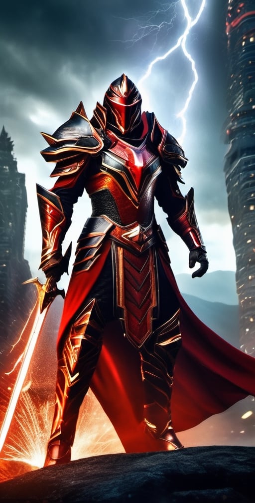 In a realm of fantasy, a man adorned in electrifying red and black armor stands resolute. His armor crackles with contained lightning, imbuing him with an aura of power. In his grasp, he wields a sword that seems forged from lightning itself, its blade a mesmerizing dance of sparks. This fierce warrior is a beacon of strength in a world of magic and wonder.,Movie Still,mecha,Magical Fantasy style