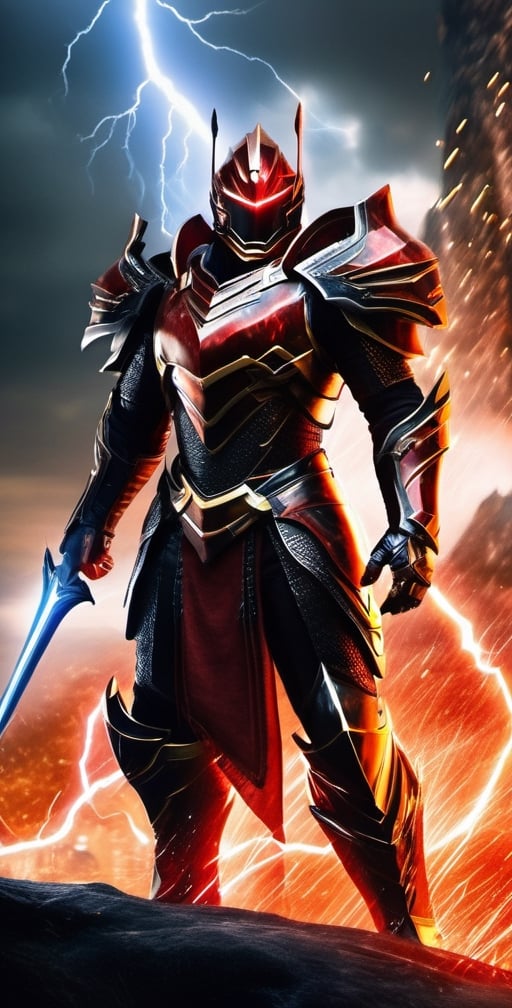 In a realm of fantasy, a man adorned in electrifying red and black armor stands resolute. His armor crackles with contained lightning, imbuing him with an aura of power. In his grasp, he wields a sword that seems forged from lightning itself, its blade a mesmerizing dance of sparks. This fierce warrior is a beacon of strength in a world of magic and wonder.,Movie Still,mecha,Magical Fantasy style