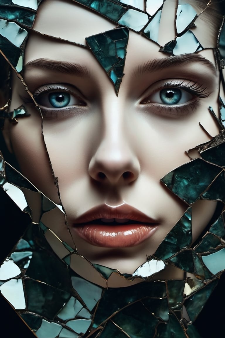 a close up of a painting of a woman's face with a broken face, cracked porcelain face, fragmented, abstract portrait, nicolas delort, surreal dark art, stefan gesell, shattered, dark schizophrenia portrait, inspired by Igor Morski, shattered abstractions, broken mirror, broken mirrors composition, shattered wall, 4 k symmetrical portrait, glass face, Detailedface, Detailedeyes