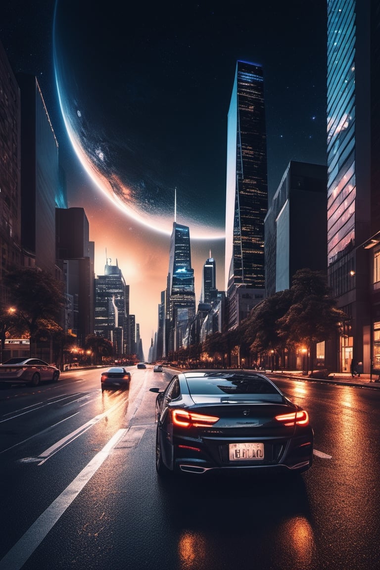 masterpiece,hyper Reality,ray-tracing, high-resolution, modern city, high buildings, car, a street road in the middle of the city, the sky is full of huge planet, night, galaxy, cinematic view, cinematic angle, cinematic light,