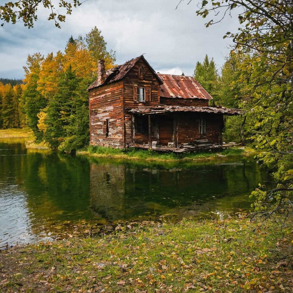 Old rusty house by the lake