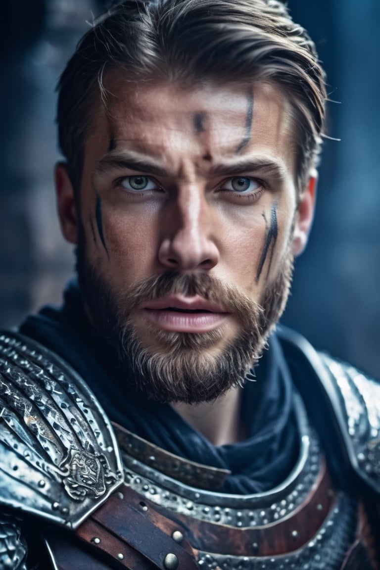 a closeup photo of bearded European male warrior in steel armor, intense expression, in the ruined temple, fire, cold colors night, rim lighting, cinematic, highly detailed, masterpiece