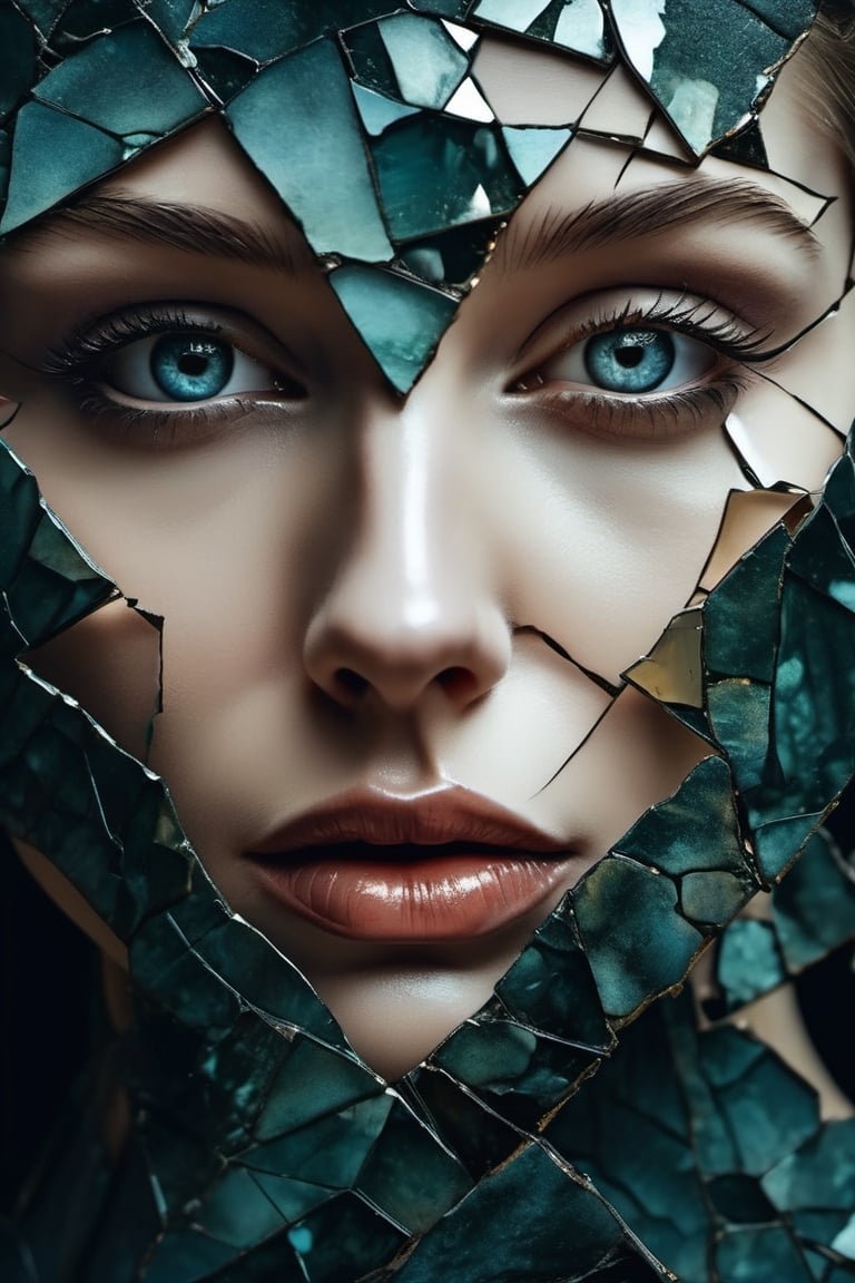 a close up of a painting of a woman's face with a broken face, cracked porcelain face, fragmented, abstract portrait, nicolas delort, surreal dark art, stefan gesell, shattered, dark schizophrenia portrait, inspired by Igor Morski, shattered abstractions, broken mirror, broken mirrors composition, shattered wall, 4 k symmetrical portrait, glass face, Detailedface, Detailedeyes