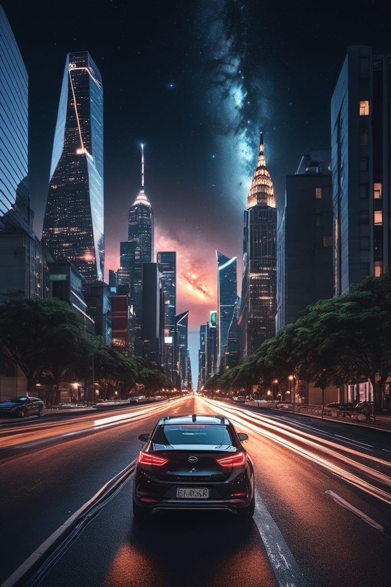 masterpiece,hyper Reality,ray-tracing, high-resolution, modern city, high buildings, car, a street road in the middle of the city, the sky is full of huge planet, night, galaxy, cinematic view, cinematic angle, cinematic light,