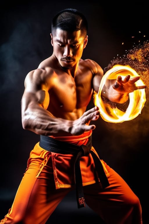 "Generate an image of a slightly muscular man immersed in martial arts training, his hands radiating a fiery magical glow. Capture the dynamic moment as he seamlessly blends his martial prowess with the power of fire magic, creating an impressive and captivating scene." 1 man,, 