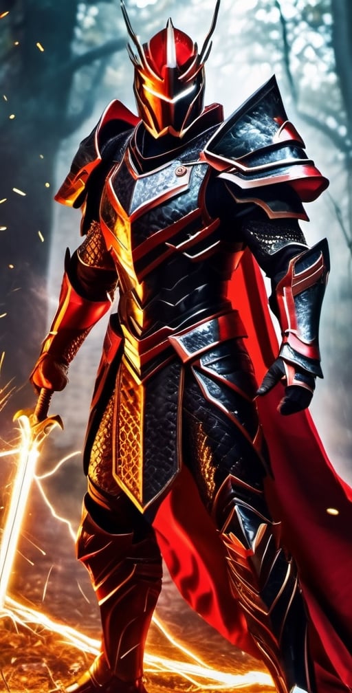 In a realm of fantasy, a man adorned in electrifying red and black armor stands resolute. His armor crackles with contained lightning, imbuing him with an aura of power. In his grasp, he wields a sword that seems forged from lightning itself, its blade a mesmerizing dance of sparks. This fierce warrior is a beacon of strength in a world of magic and wonder.,Movie Still,mecha,Magical Fantasy style