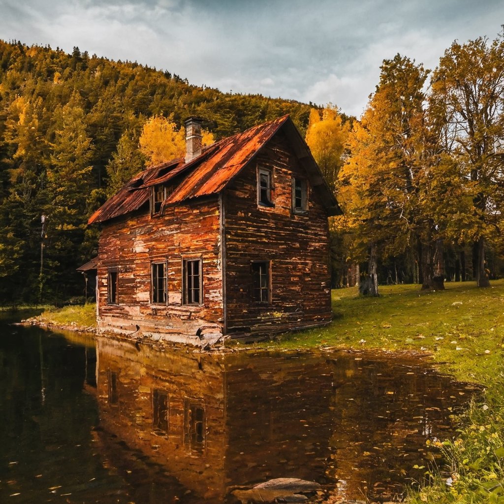 Old rusty house by the lake