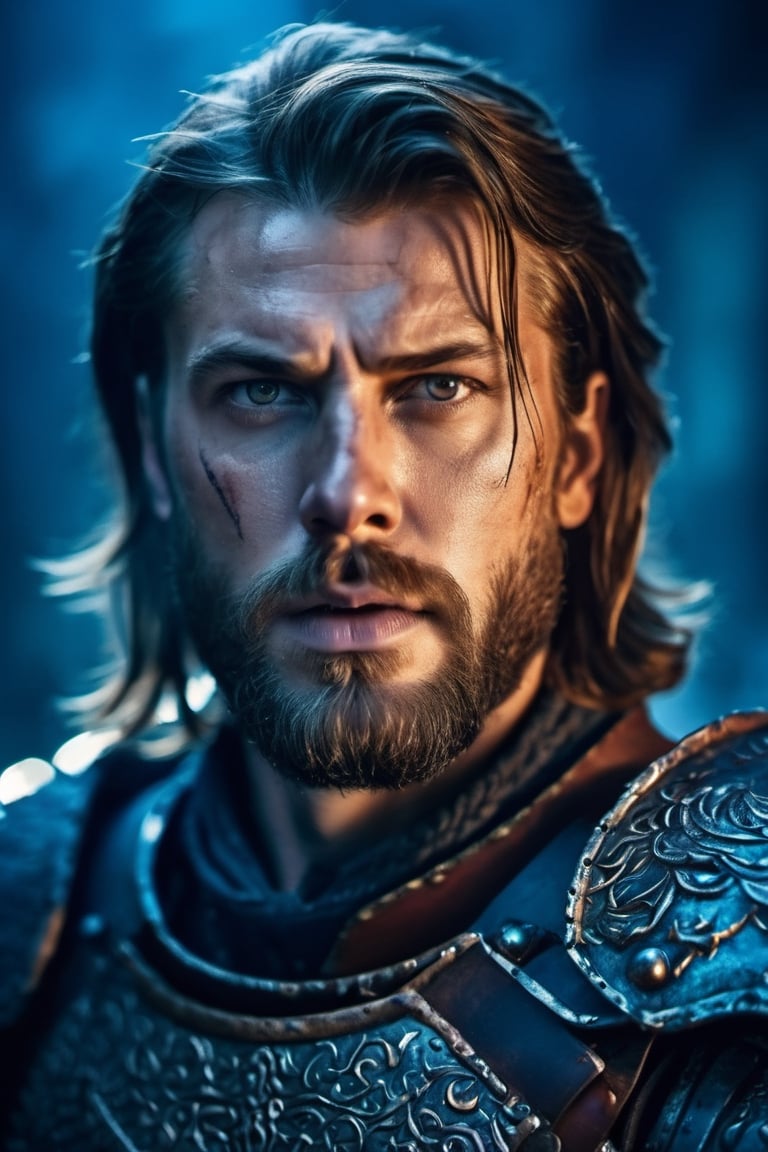 a closeup photo of bearded European male warrior in steel armor, intense expression, in the ruined temple, fire, cold colors night, rim lighting, cinematic, highly detailed, masterpiece