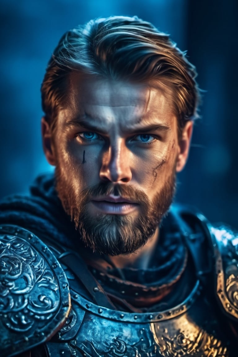 a closeup photo of bearded European male warrior in steel armor, intense expression, in the ruined temple, fire, cold colors night, rim lighting, cinematic, highly detailed, masterpiece