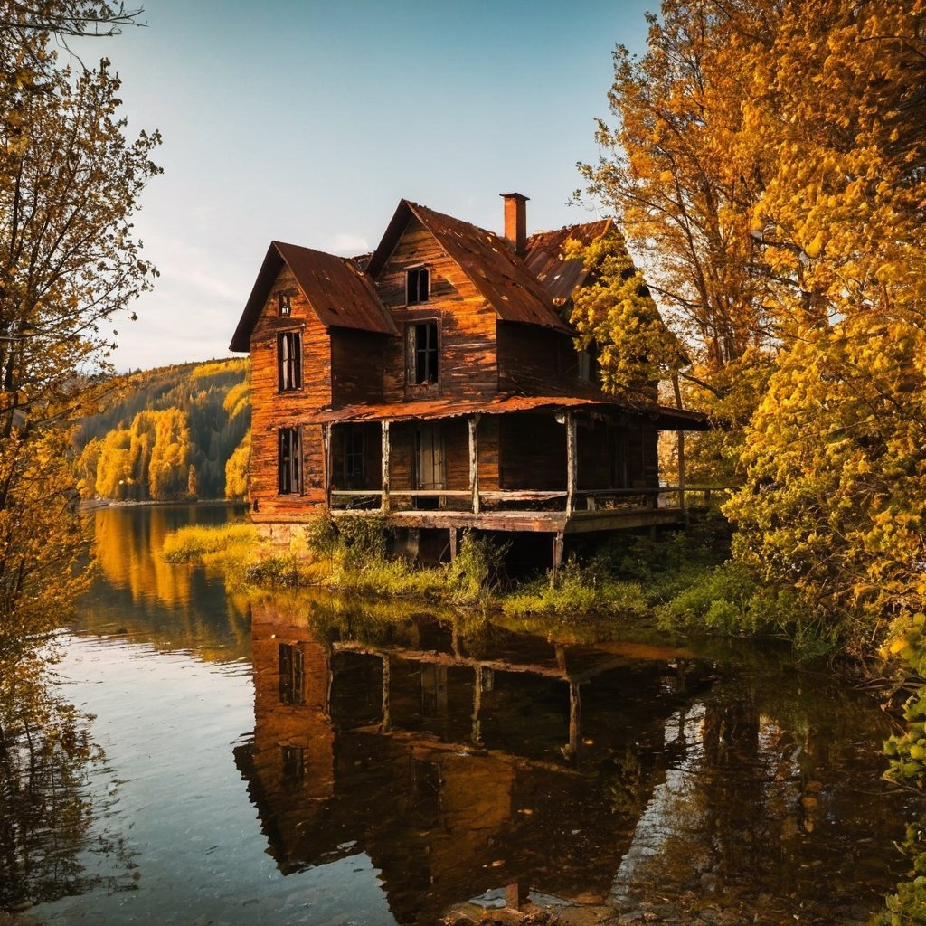 Old rusty house by the lake