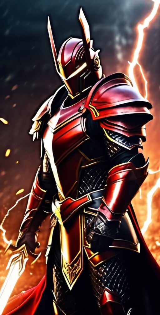 In a realm of fantasy, a man adorned in electrifying red and black armor stands resolute. His armor crackles with contained lightning, imbuing him with an aura of power. In his grasp, he wields a sword that seems forged from lightning itself, its blade a mesmerizing dance of sparks. This fierce warrior is a beacon of strength in a world of magic and wonder.,Movie Still,mecha,Magical Fantasy style