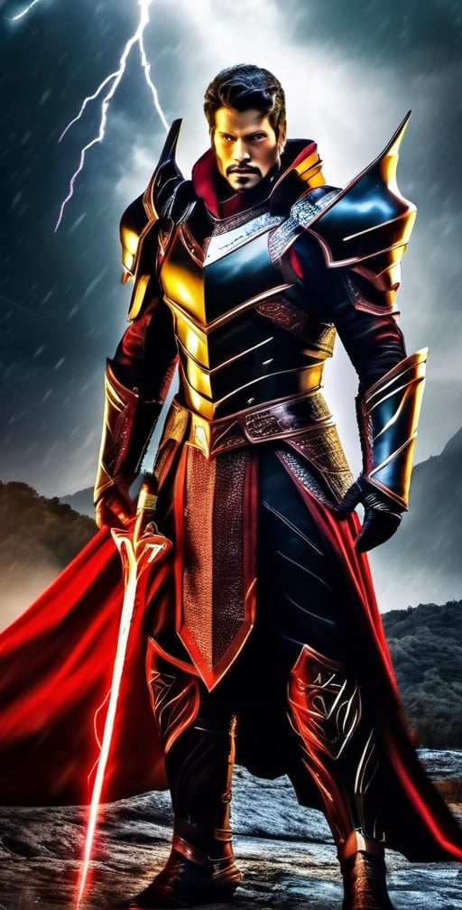 In a realm of fantasy, a man adorned in electrifying red and black armor stands resolute. His armor crackles with contained lightning, imbuing him with an aura of power. In his grasp, he wields a sword that seems forged from lightning itself, its blade a mesmerizing dance of sparks. This fierce warrior is a beacon of strength in a world of magic and wonder.,Movie Still,mecha,Magical Fantasy style