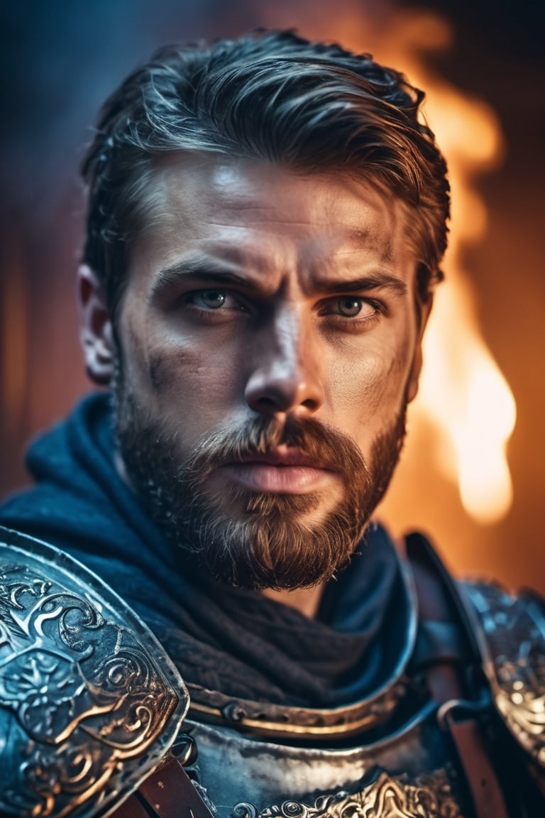 a closeup photo of bearded European male warrior in steel armor, intense expression, in the ruined temple, fire, cold colors night, rim lighting, cinematic, highly detailed, masterpiece