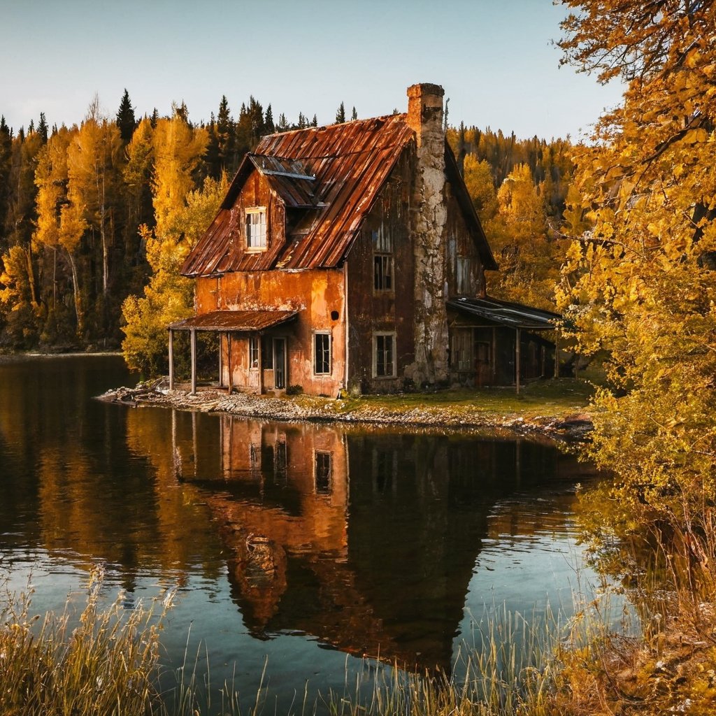 Old rusty house by the lake