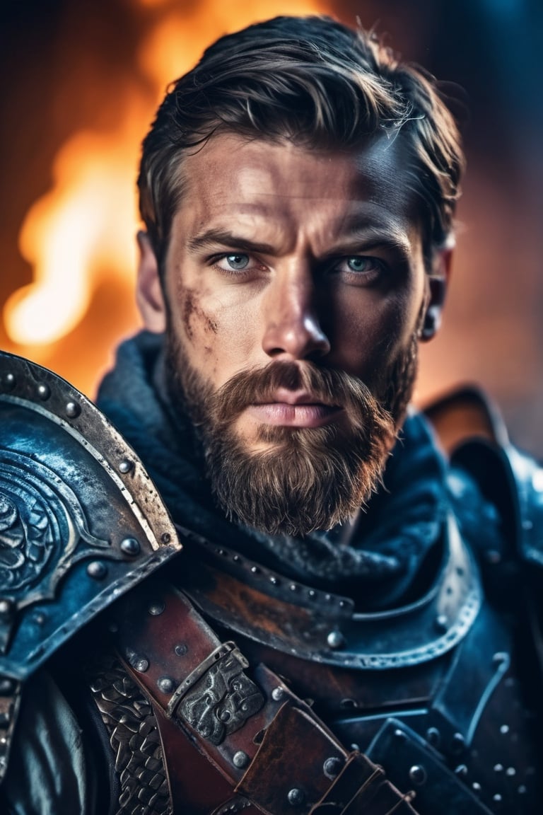 a closeup photo of bearded European male warrior in steel armor, intense expression, in the ruined temple, fire, cold colors night, rim lighting, cinematic, highly detailed, masterpiece