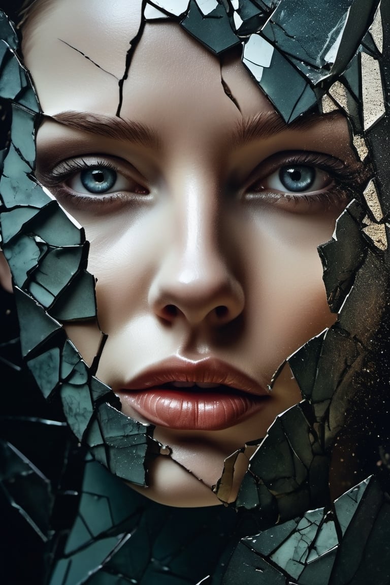 a close up of a painting of a woman's face with a broken face, cracked porcelain face, fragmented, abstract portrait, nicolas delort, surreal dark art, stefan gesell, shattered, dark schizophrenia portrait, inspired by Igor Morski, shattered abstractions, broken mirror, broken mirrors composition, shattered wall, 4 k symmetrical portrait, glass face, Detailedface, Detailedeyes