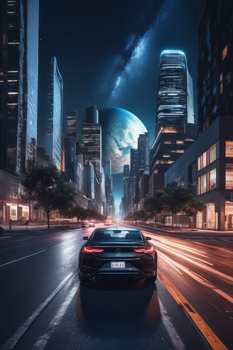 masterpiece,hyper Reality,ray-tracing, high-resolution, modern city, high buildings, car, a street road in the middle of the city, the sky is full of huge planet, night, galaxy, cinematic view, cinematic angle, cinematic light,