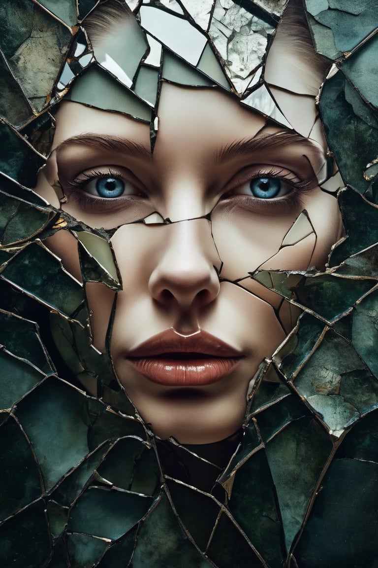 a close up of a painting of a woman's face with a broken face, cracked porcelain face, fragmented, abstract portrait, nicolas delort, surreal dark art, stefan gesell, shattered, dark schizophrenia portrait, inspired by Igor Morski, shattered abstractions, broken mirror, broken mirrors composition, shattered wall, 4 k symmetrical portrait, glass face, Detailedface, Detailedeyes