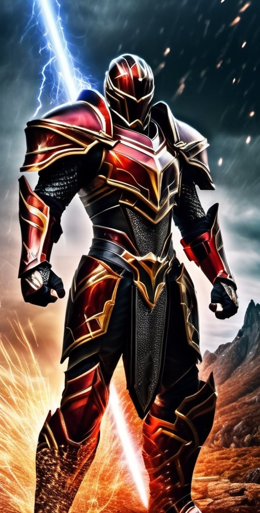 In a realm of fantasy, a man adorned in electrifying red and black armor stands resolute. His armor crackles with contained lightning, imbuing him with an aura of power. In his grasp, he wields a sword that seems forged from lightning itself, its blade a mesmerizing dance of sparks. This fierce warrior is a beacon of strength in a world of magic and wonder.,Movie Still,mecha,Magical Fantasy style