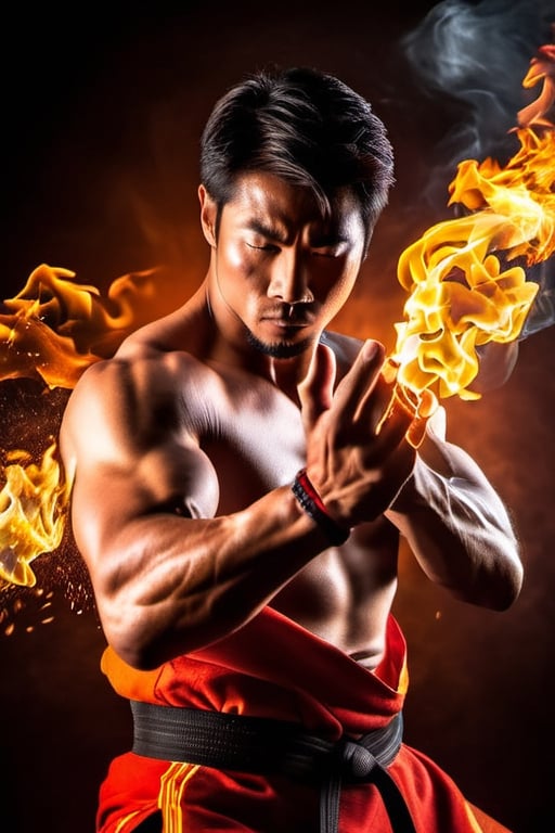 "Generate an image of a slightly muscular man immersed in martial arts training, his hands radiating a fiery magical glow. Capture the dynamic moment as he seamlessly blends his martial prowess with the power of fire magic, creating an impressive and captivating scene." 1 man,, 