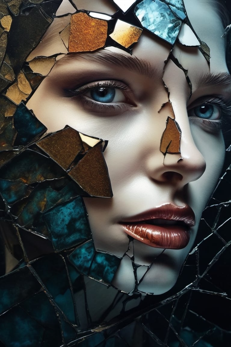 a close up of a painting of a woman's face with a broken face, cracked porcelain face, fragmented, abstract portrait, nicolas delort, surreal dark art, stefan gesell, shattered, dark schizophrenia portrait, inspired by Igor Morski, shattered abstractions, broken mirror, broken mirrors composition, shattered wall, 4 k symmetrical portrait, glass face, Detailedface, Detailedeyes