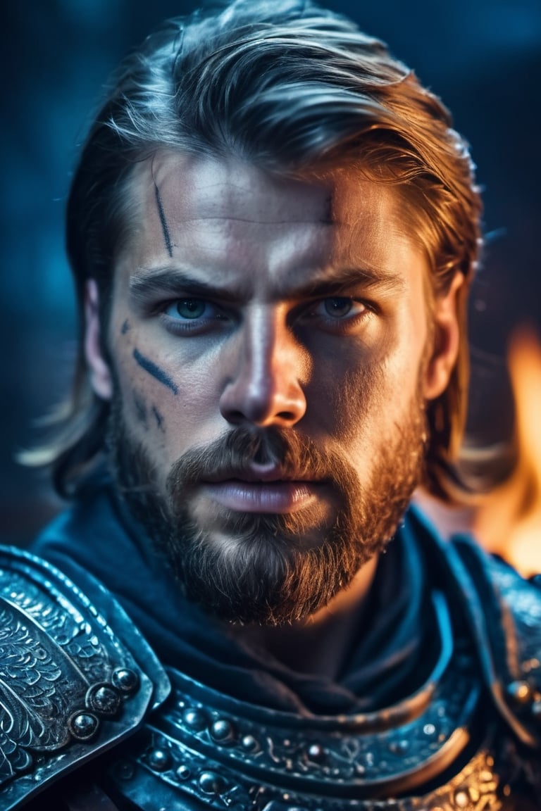 a closeup photo of bearded European male warrior in steel armor, intense expression, in the ruined temple, fire, cold colors night, rim lighting, cinematic, highly detailed, masterpiece