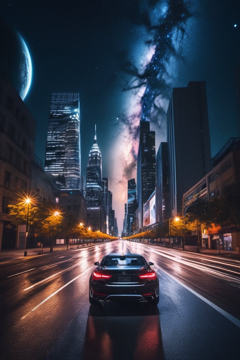 masterpiece,hyper Reality,ray-tracing, high-resolution, modern city, high buildings, car, a street road in the middle of the city, the sky is full of huge planet, night, galaxy, cinematic view, cinematic angle, cinematic light,