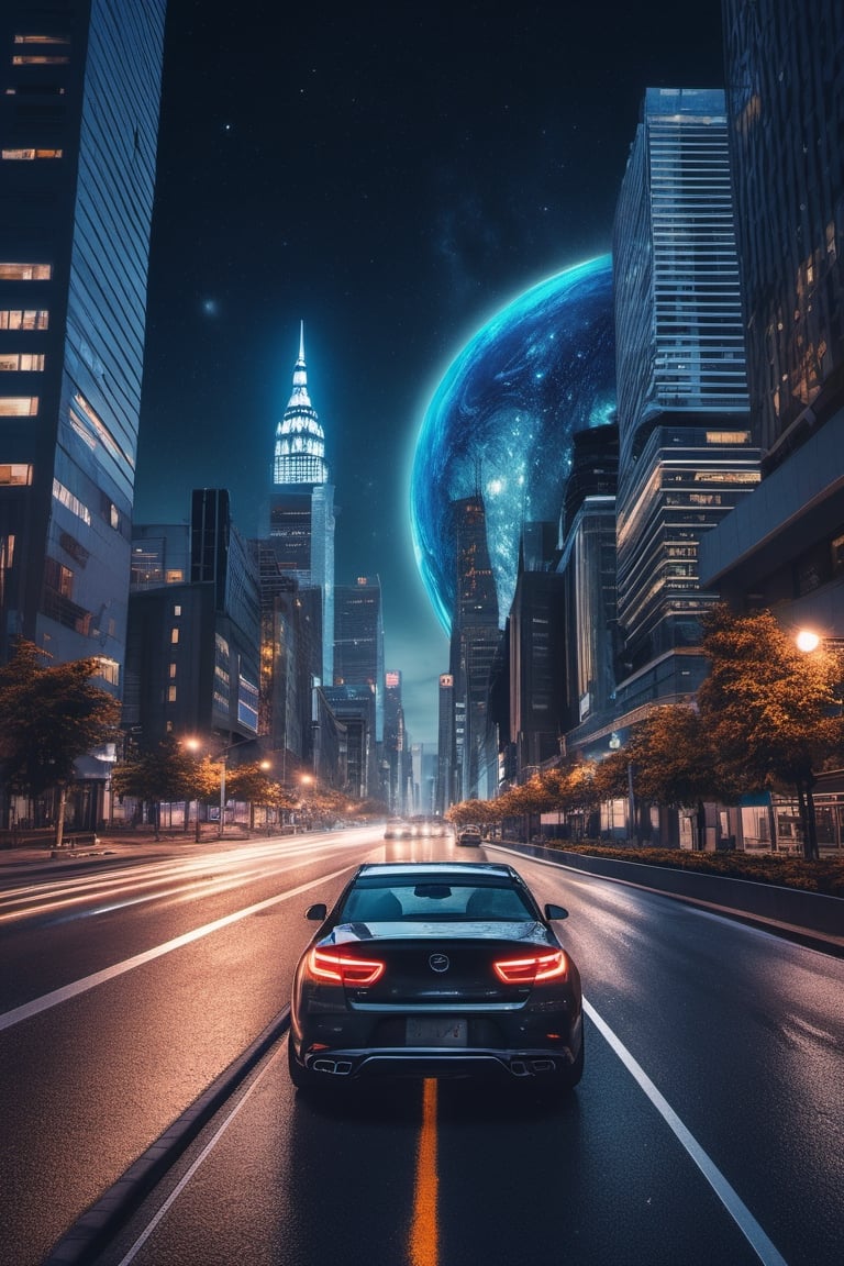 masterpiece,hyper Reality,ray-tracing, high-resolution, modern city, high buildings, car, a street road in the middle of the city, the sky is full of huge planet, night, galaxy, cinematic view, cinematic angle, cinematic light,