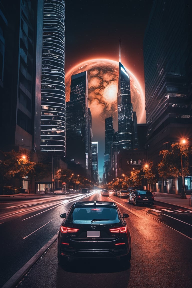 masterpiece,hyper Reality,ray-tracing, high-resolution, modern city, high buildings, car, a street road in the middle of the city, the sky is full of huge planet, night, galaxy, cinematic view, cinematic angle, cinematic light,