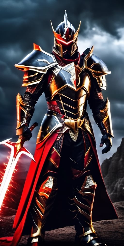 In a realm of fantasy, a man adorned in electrifying red and black armor stands resolute. His armor crackles with contained lightning, imbuing him with an aura of power. In his grasp, he wields a sword that seems forged from lightning itself, its blade a mesmerizing dance of sparks. This fierce warrior is a beacon of strength in a world of magic and wonder.,Movie Still,mecha,Magical Fantasy style