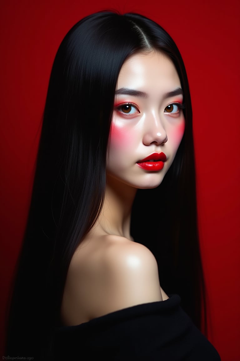 




pretty woman, sleek straight hair, black red background, white skin, long hair, colorful eyes, red cheeks, snow white skin