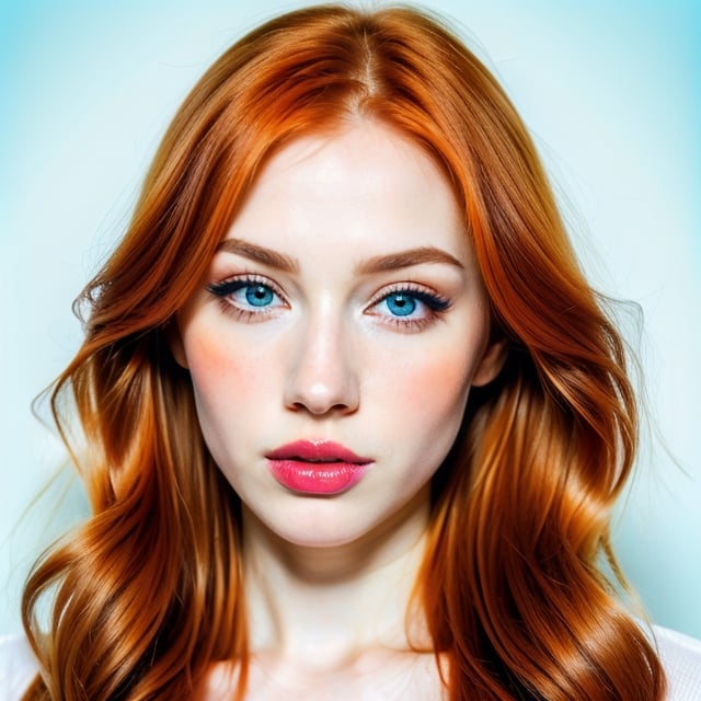 woman, beautiful face, perfect face, colorful eyes fully redhead ginger hair, pale white skin, sexy marks, perfect, fully white abstract background, shiny blue accessories, blue theme, best quality, clear texture, details, canon eos 80d photo, light makeup, (very big boobs in tight shirt: 1.0)