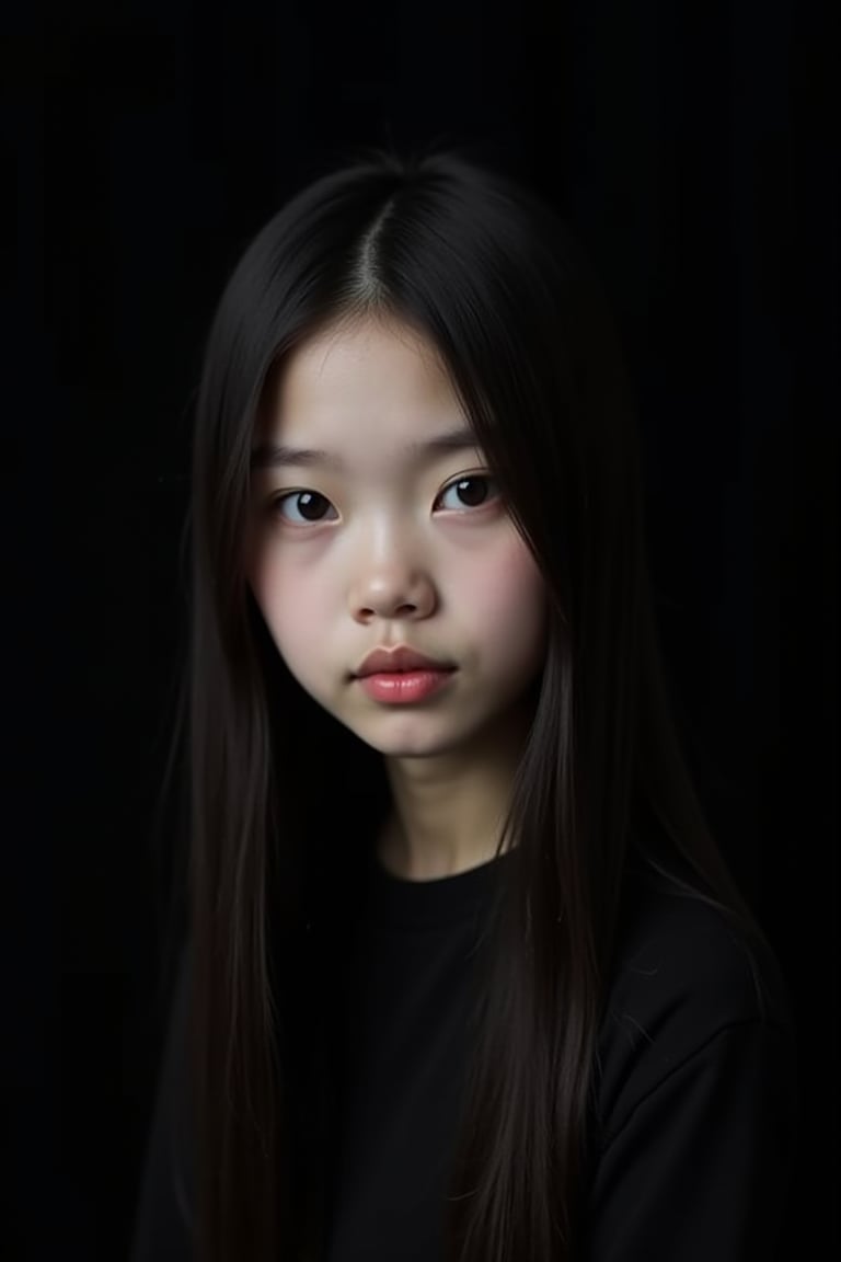 




22 years old girl, black background, dark theme, snow white skin tone, ligh skin tone, super straight hair, tall oval face shape,  