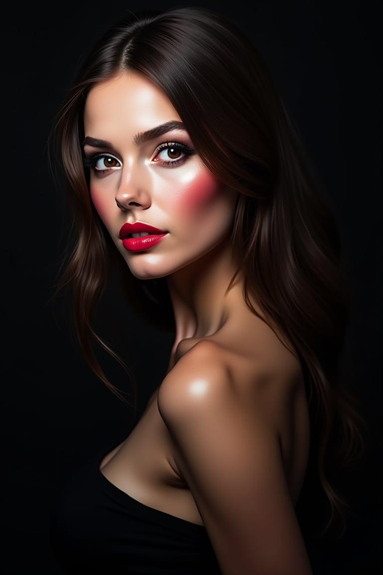 




pretty woman, graphics interesting creative effect, black dark color theme, light skin, red cheeks, , pink lips, glossy shiny reflective lips, long straight hair